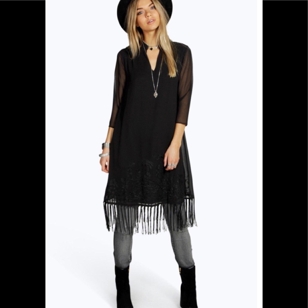 Boohoo Embroidery & Tassle Black Tunic Dress